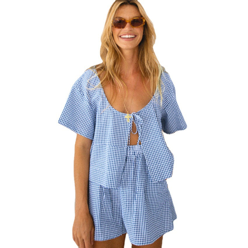 Grammys Gingham Loose Tie Top and Shorts Set